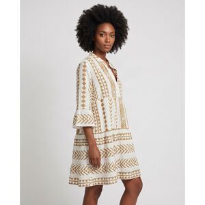 Silk & Salt Boho Tiered Geometric Print Dress - White & Tan
